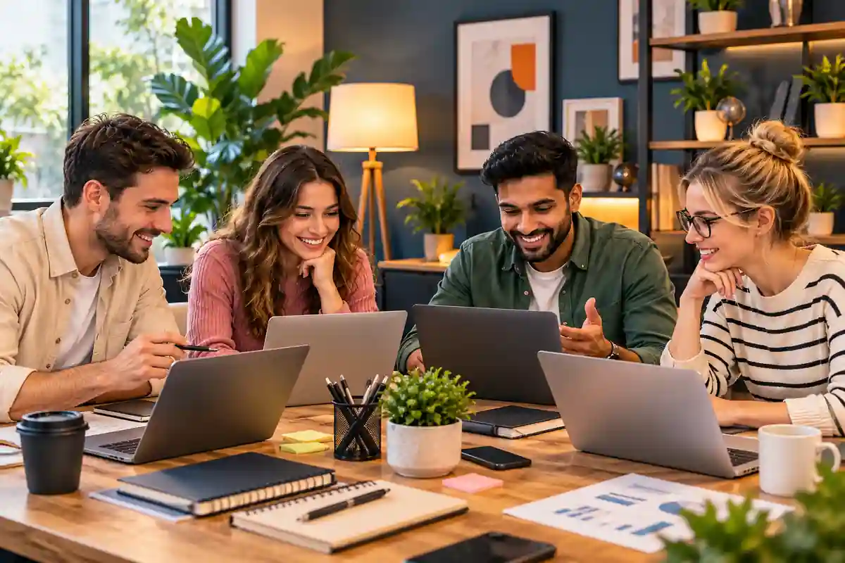 People collaborating around laptops in an office