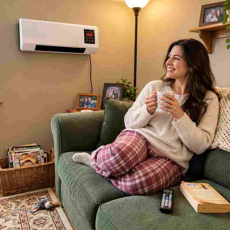 Woman relaxing in living room with wall-mounted heater