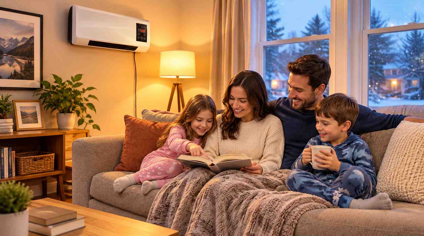 Family spending a cozy winter evening together in a living room